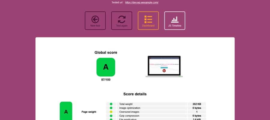Score de la page d'accueil de Wexample, obtenu auprès de Yellow Lab tools, après optimisation