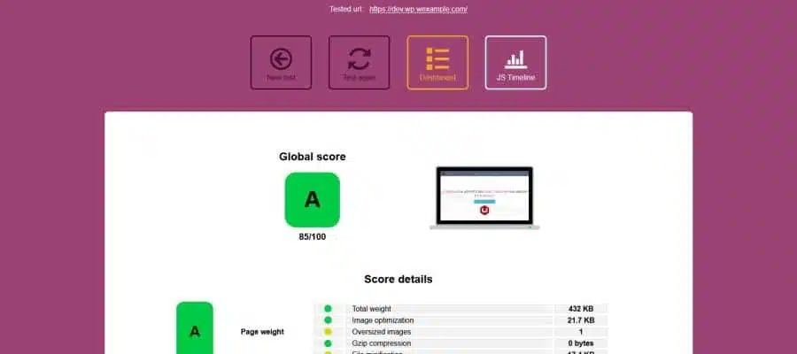Score de la page d'accueil de Wexample, obtenu auprès de Yellow Lab tools, avant optimisation