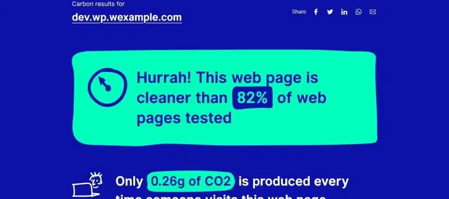 Score de la page d'accueil de Wexample, obtenu auprès de Website carbon, avant optimisation