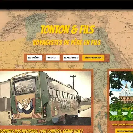 Accueil de Tonton & Fils, simulation d'agence de voyage. Réservation en ligne, enregistrée en base de données. Codée en PHP Procédural