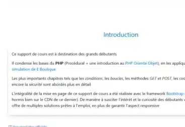La page d'accueil du support de cours "Les bases du langage PHP"